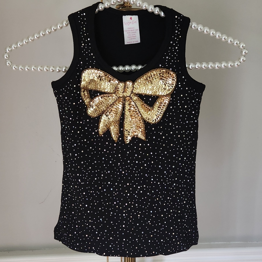 Girls Black Sleeveless Top with Gold Sequin Bow